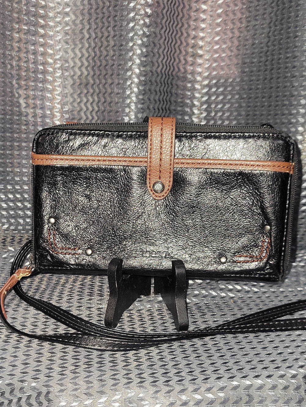 The Sak Black Wallet Crossbody with Brown Trim and Strap